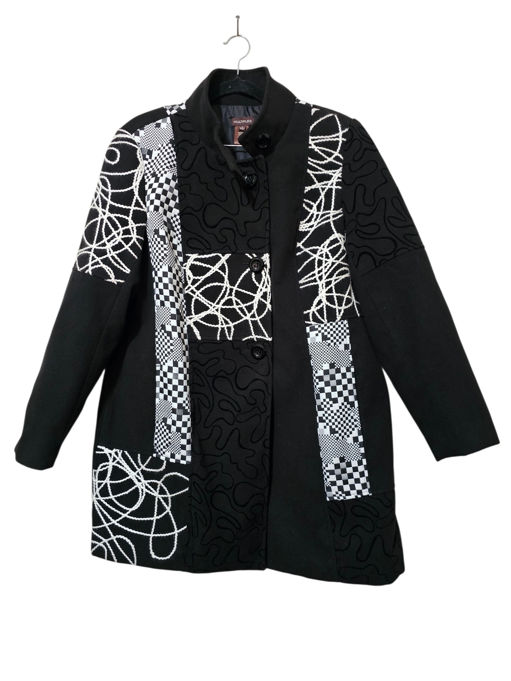 Multiples Black Coat with White Abstract & Checkerboard Panels